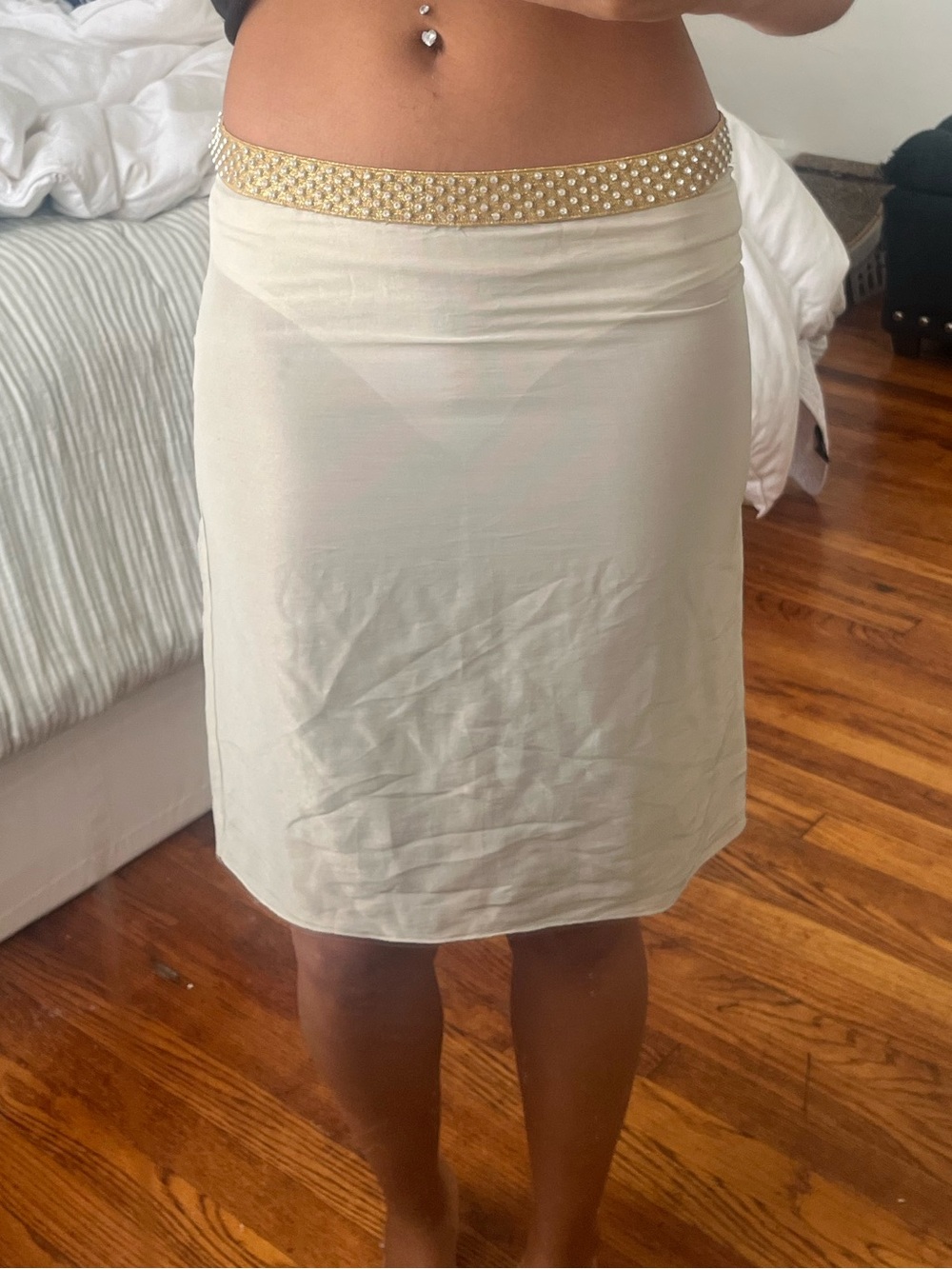 Miu Miu Gold Silk Blend Skirt with Beaded Gold Waistband
